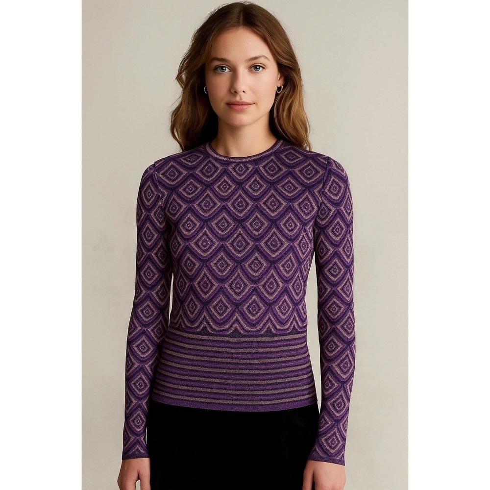 Paco Rabanne Purple Jacquard Geometric Knit Top Italy $298 sz S